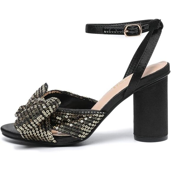 🆕 Women Black Sequin Bowknot Block Heeled Sandal Open Toe Chunky Ankle Strap - Picture 2 of 8